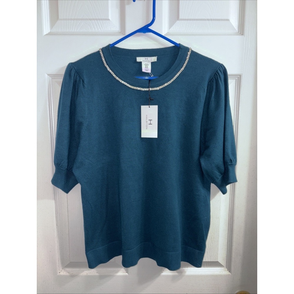 H Halston Beaded Neck Short Sleeve Pullover Sweater XL Deep Teal Color